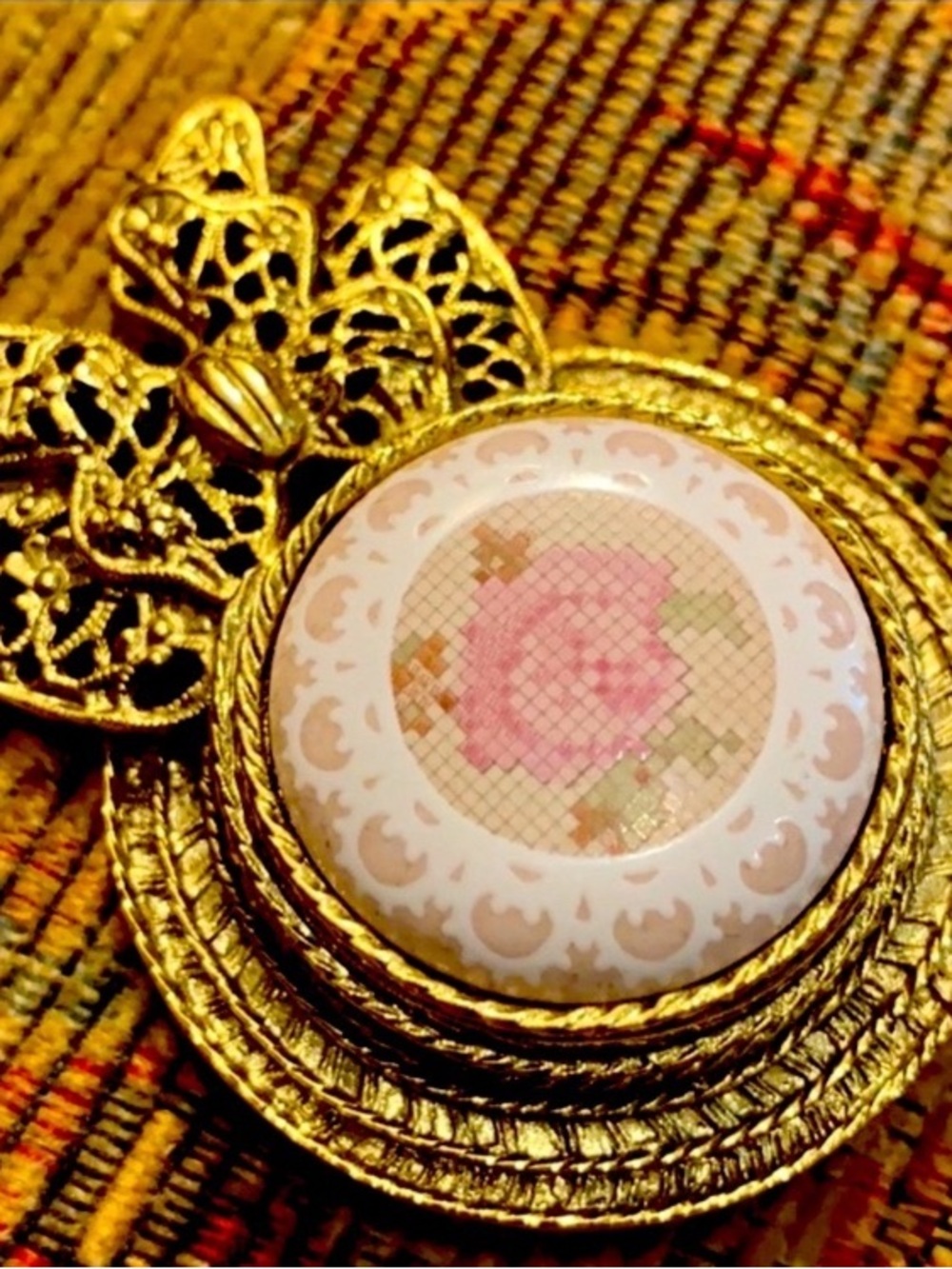 Vintage Gold-Tone Floral Porcelain Brooch with Pink Rose Accent